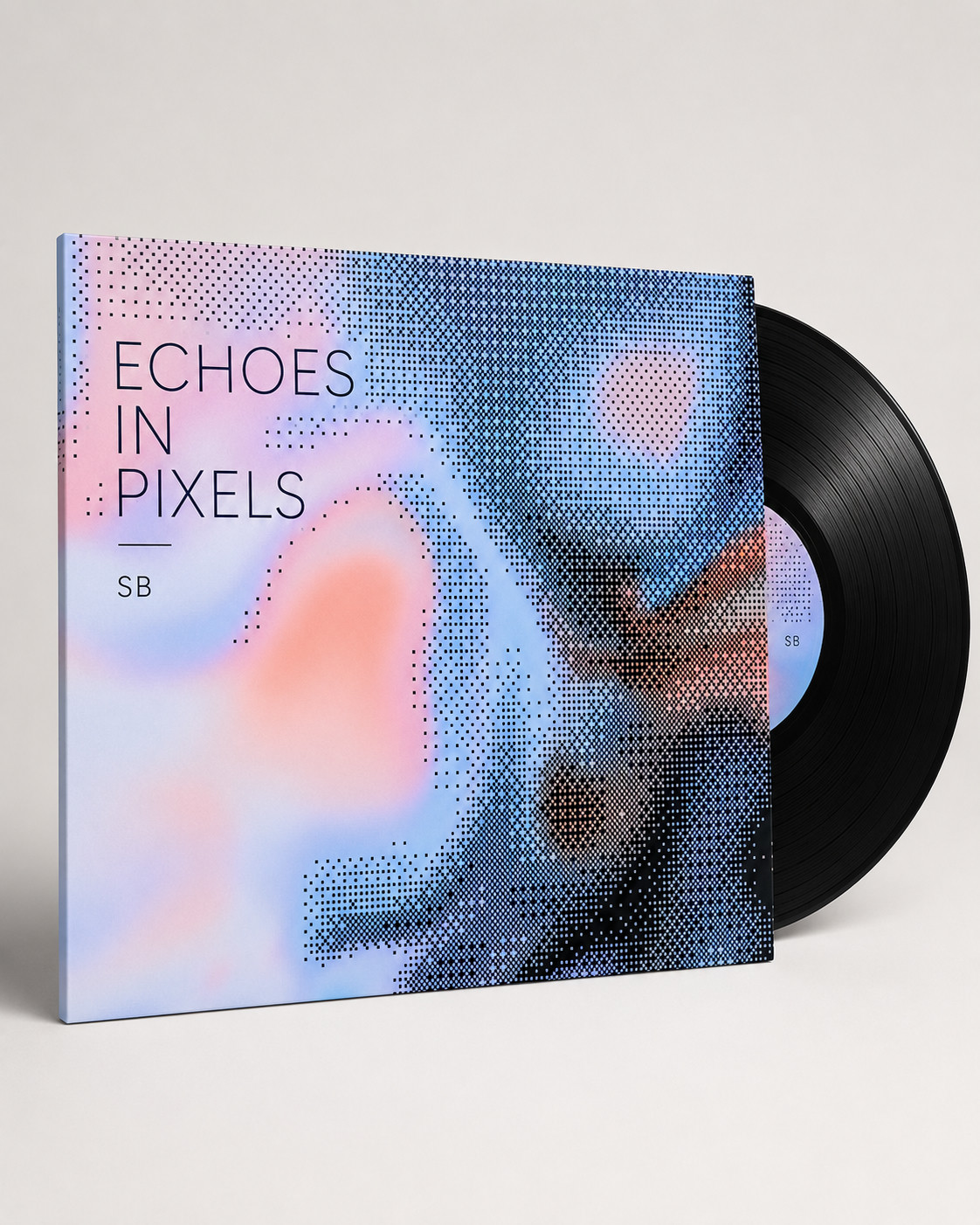 Vinyl record with a pixel-effect gradient album cover titled Echoes in Pixels